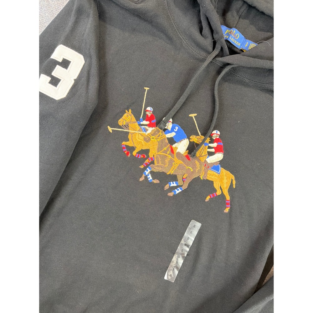 Polo Ralph Lauren Triple Pony Hoodie Mens Small Black‎ Embroidered Pullover NEW